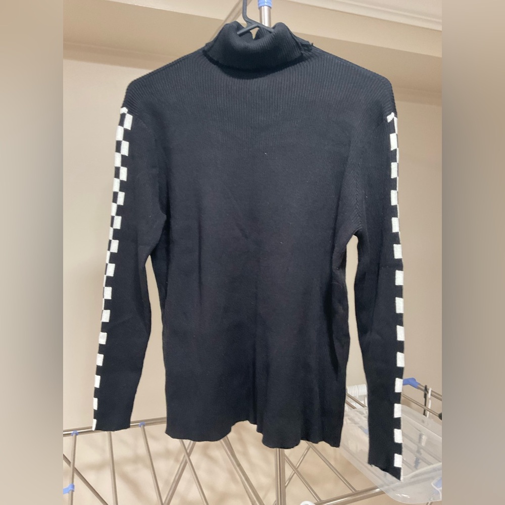 Black Turtleneck Sweater with Checkered Sleeves